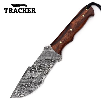 Hand-Forged Damascus Tracker Knife with Walnut Wood & Leather Sheath