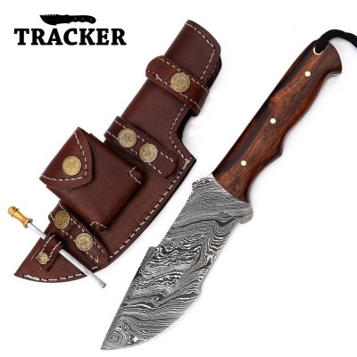 Hand-Forged Damascus Tracker Knife with Walnut Wood & Leather Sheath