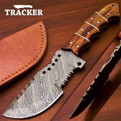 Custom Made Damascus Steel Tracker Knife with Rosewood Handle