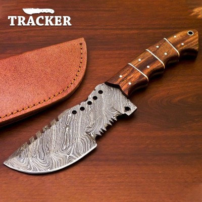 Custom Made Damascus Steel Tracker Knife with Rosewood Handle