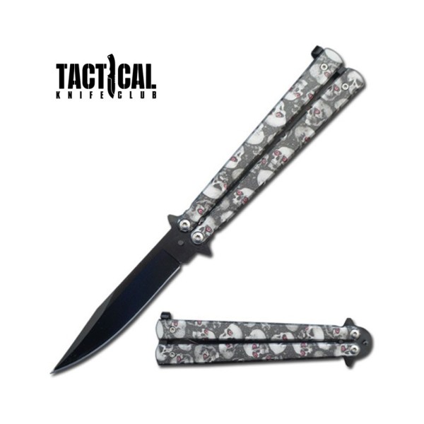 5" Closed Stainless Steel Butterfly Knife - Grey Skulls