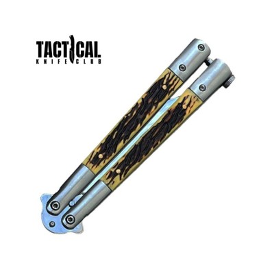 Creature Comfort Butterfly Knife – Clip Point Blade with Faux Stag