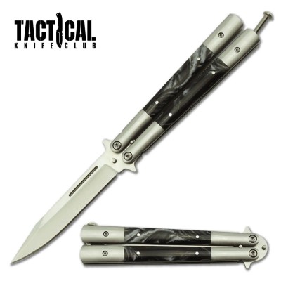 Tactical Balisong Butterfly Knife with Black Pearl Handles