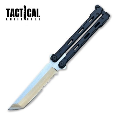 Tanto Serrated Balisong Butterfly Knife with Black Handle