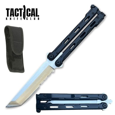 Tanto Serrated Balisong Butterfly Knife with Black Handle