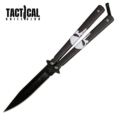 Skull Punisher Butterfly Knife – Black Blade, Stainless Handle