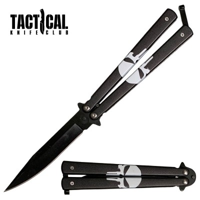 Skull Punisher Butterfly Knife – Black Blade, Stainless Handle