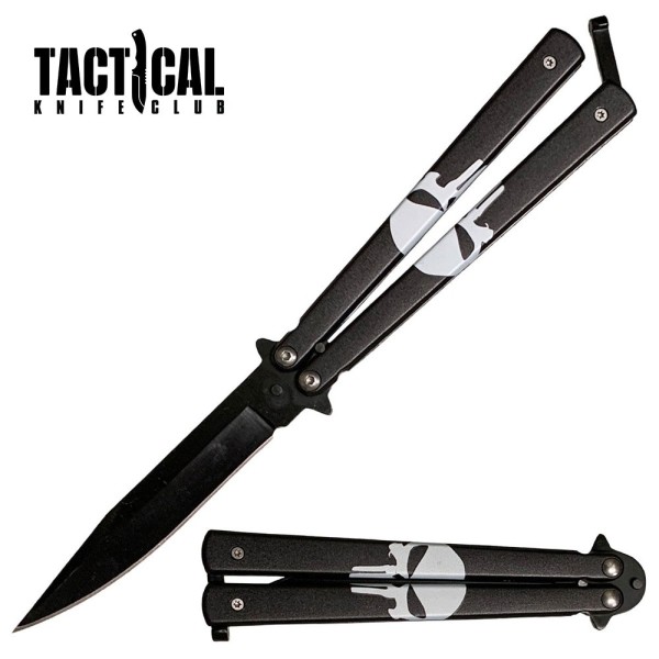 5" Closed Stainless Steel Butterfly Knife - Skull Punisher