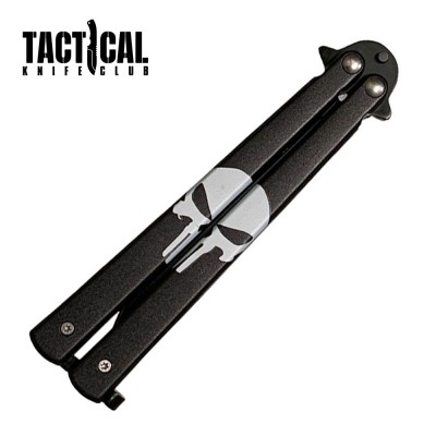 Skull Punisher Butterfly Knife – Black Blade, Stainless Handle