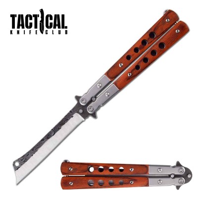 Cleaver Blade Butterfly Knife – Brown Wood Handle, 9" Balisong