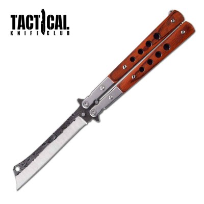 Cleaver Blade Butterfly Knife – Brown Wood Handle, 9" Balisong