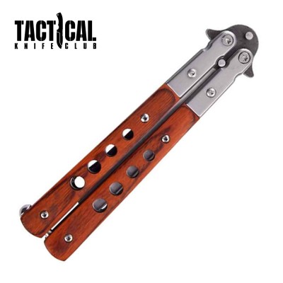 Cleaver Blade Butterfly Knife – Brown Wood Handle, 9" Balisong