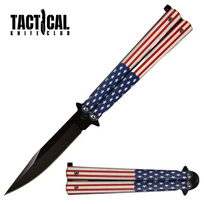 Black Stainless Steel Butterfly Knife with American Flag Handle