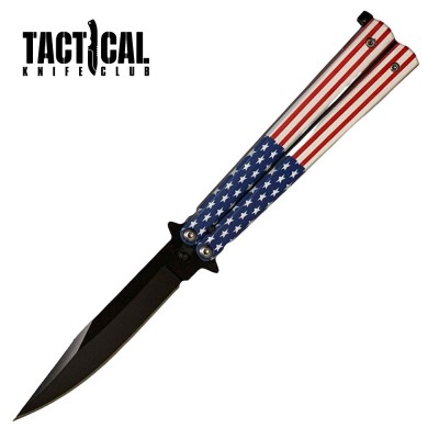 Black Stainless Steel Butterfly Knife with American Flag Handle