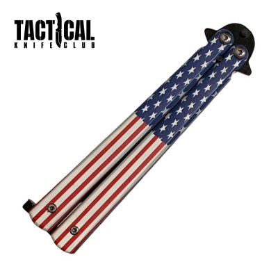 Black Stainless Steel Butterfly Knife with American Flag Handle