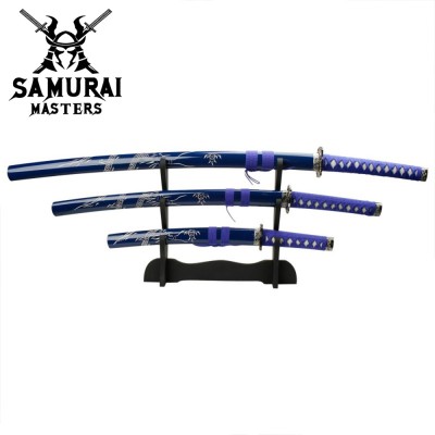 Carved Dragon Blue 3-Piece Samurai Sword Set with Display Stand