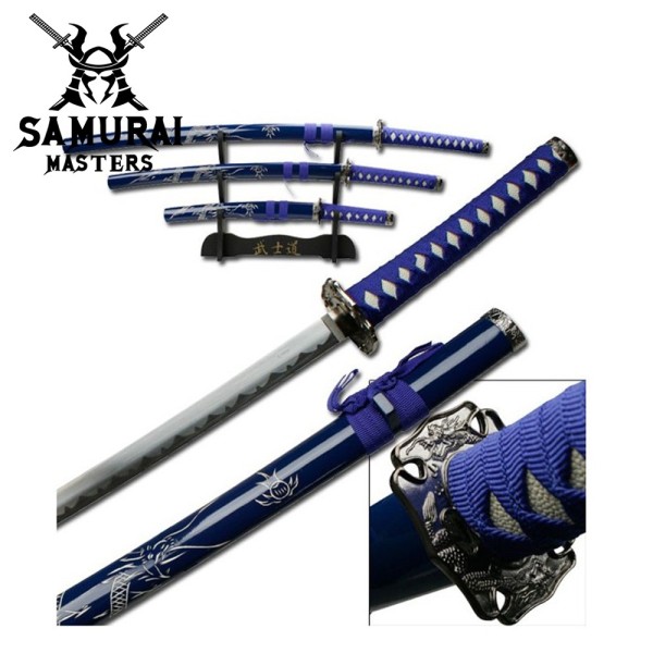 Carved Dragon Blue 3 Piece Samurai Sword Set with Display Stand