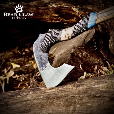 Handmade Forged Axe with Ram Horn Handle & Leather Sheath