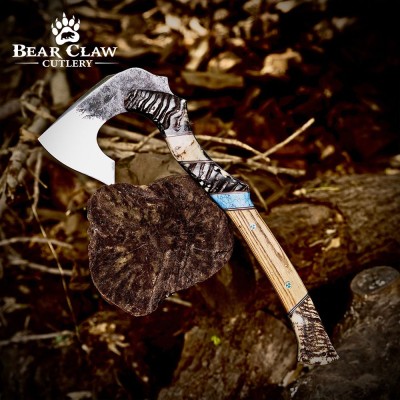 Handmade Forged Axe with Ram Horn Handle & Leather Sheath