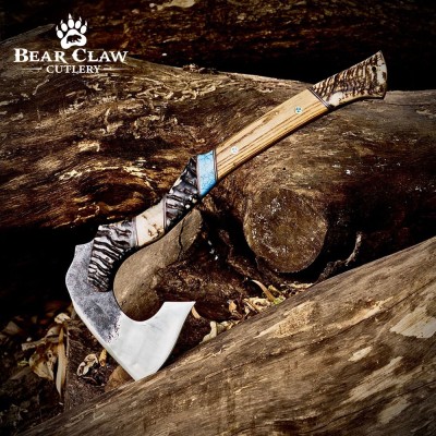 Handmade Forged Axe with Ram Horn Handle & Leather Sheath