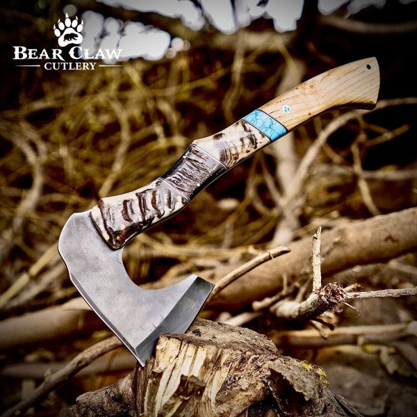 Handmade Forged Bushcraft Camping Axe with Cow Leather Sheath