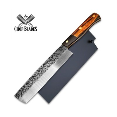 Full view of handmade hammered-finish kitchen knife with wood handle