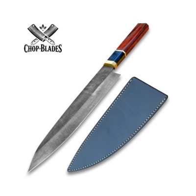 Handmade Carbon Steel Chef Knife with Wooden Handle & Leather Sheath