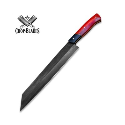 Full view of carbon steel chef knife with red wooden handle