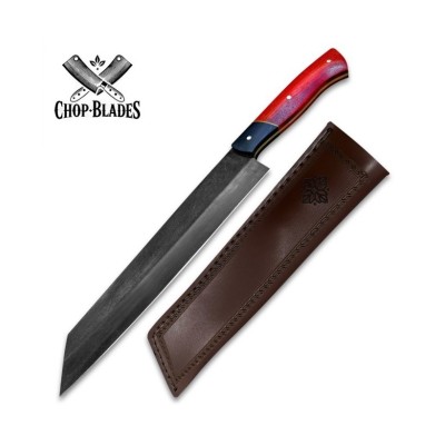 Handmade Carbon Steel Chef Knife with Red Handle & Sheath