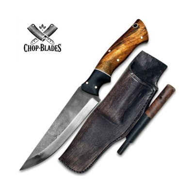 Handmade Carbon Steel Hunting Knife with Fire Starter & Leather Sheath