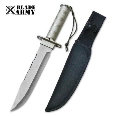 Silver Tactical Hunting Fixed Blade Knife with Nylon Sheath