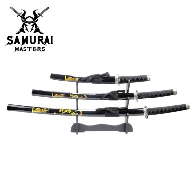 3-Piece Black Samurai Sword Set – Carbon Steel Blades with Stand