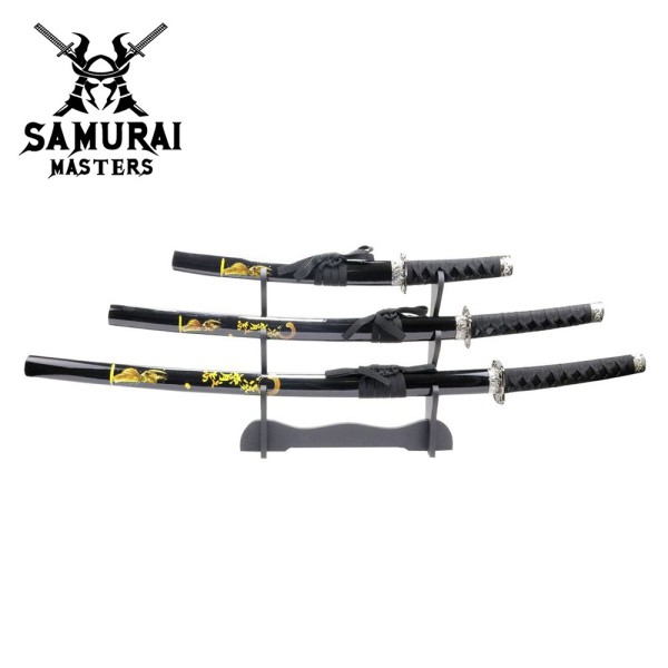 3-Piece Carbon Steel Black Samurai Sword Set with Stand