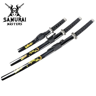 3-Piece Black Samurai Sword Set – Carbon Steel Blades with Stand