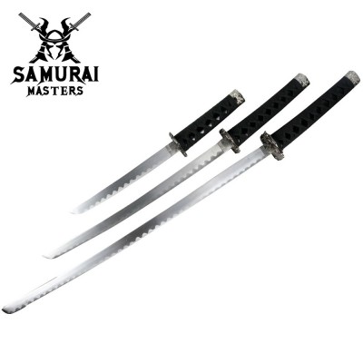3-Piece Black Samurai Sword Set – Carbon Steel Blades with Stand