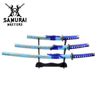 3-Piece Light Blue Dragon Samurai Sword Set with Stand