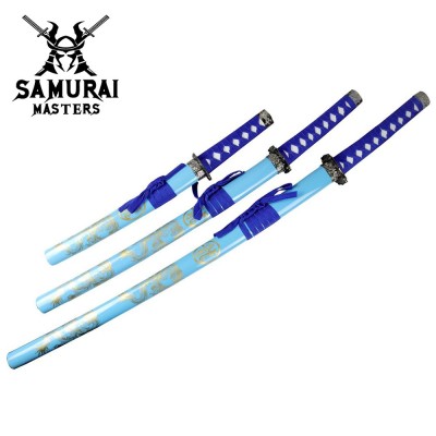 3-Piece Light Blue Dragon Samurai Sword Set with Stand