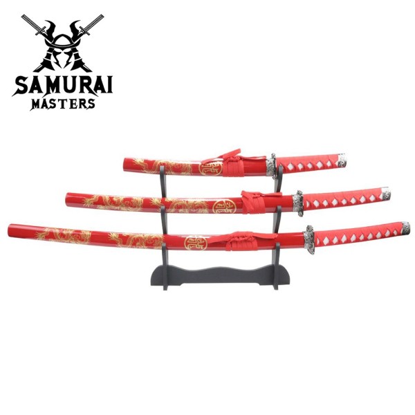 3-Piece Red Dragon Samurai Sword Set with Stand