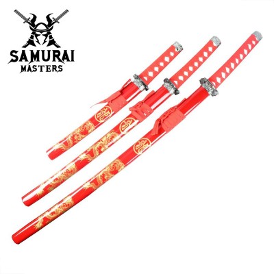 3-Piece Red Dragon Samurai Sword Set with Stand