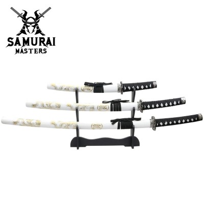 3-Piece White Dragon Samurai Sword Set with Stand