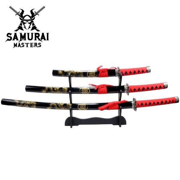 3-Piece Black and Red Samurai Sword Set with Stand