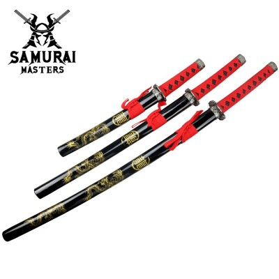 3-Piece Black and Red Samurai Sword Set with Stand