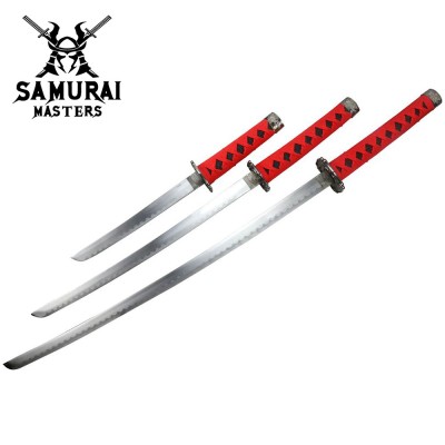 3-Piece Black and Red Samurai Sword Set with Stand