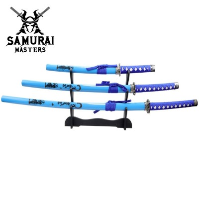 3-Piece Light Blue Samurai Sword Set with Stand