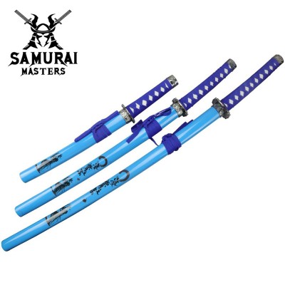 3-Piece Light Blue Samurai Sword Set with Stand