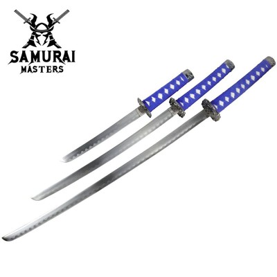 3-Piece Light Blue Samurai Sword Set with Stand