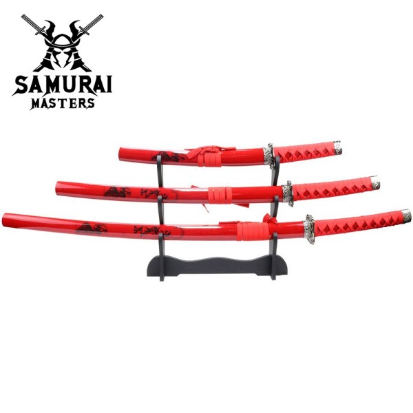 3-Piece Red Samurai Katana Sword Set with Stand