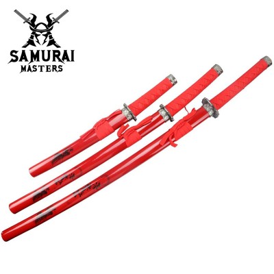 3-Piece Red Samurai Katana Sword Set with Stand