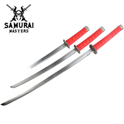 3-Piece Red Samurai Katana Sword Set with Stand