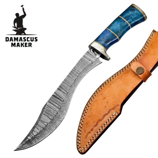 Damascus Steel Fixed Blade Kukri Knife with Leather Sheath